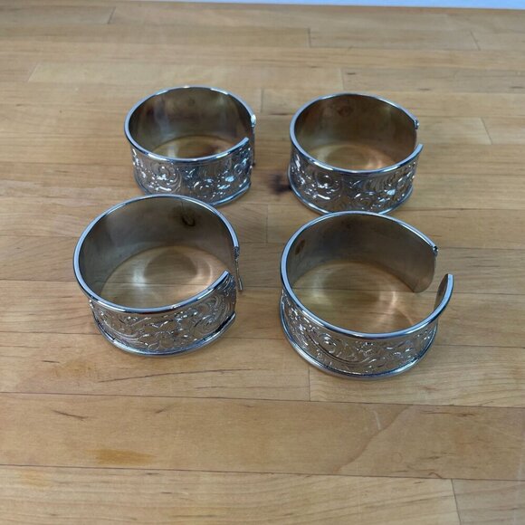 Vintage Floral Etched Napkin Rings Cuffs Set Of 4 Silver Tone - Picture 5 of 9